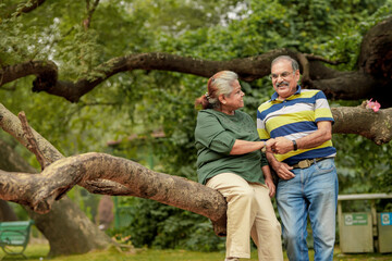 Naklejka na ściany i meble happy Indian senior couple together spending time at park.