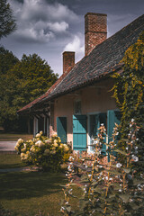 A very old traditional house from france surrounded with flowers with blue wooden shutters