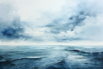 Blue Watercolor Seascape Texture. Ocean Waves Painting, Artistic Marine Background, Sky, Clouds, Tranquil Nature, Horizon. Generative AI
