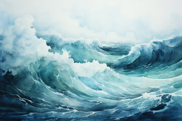 Blue Watercolor Seascape Texture. Ocean Waves Painting, Artistic Marine Background, Sky, Clouds, Tranquil Nature, Horizon. Generative AI