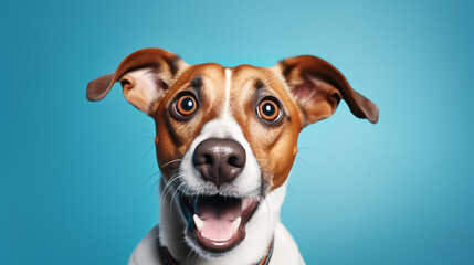 Dog - funny and excited on blue background



Generative AI