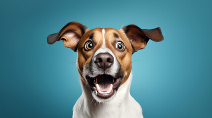 Obraz na płótnie Canvas Dog - funny and excited on blue backgroundGenerative AI