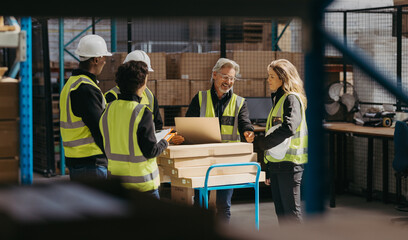 Happy warehouse workers having a meeting together