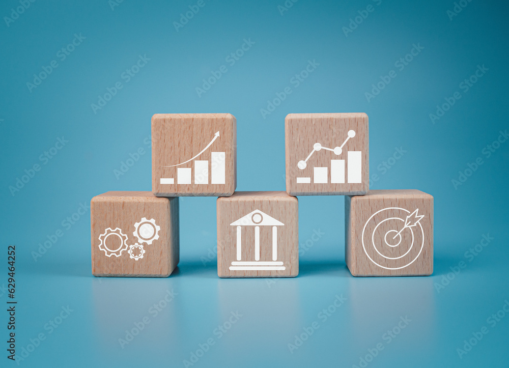 Poster wood cube block stacking with icon.concept of business strategy and goal action plan.