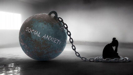 Social anxiety - a metaphorical view of a woman struggle with social anxiety. Trapped alone and chained to a burden of Social anxiety. Constant and strenuous fight.,3d illustration