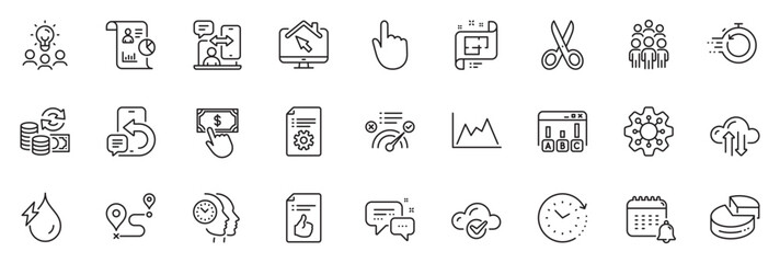Icons pack as Group people, Diagram and Cut line icons for app include Calendar, Hand click, Execute outline thin icon web set. Report, Hydroelectricity, Work home pictogram. Vector - obrazy, fototapety, plakaty