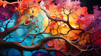 Abstract Illustration of Colorful Tree Branches with Richly Colored Skies and Multi-layered 