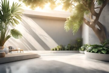 Empty exterior concrete wall with tropical style garden 3d render,decorate with tropical style tree ,sunlight on the wall 