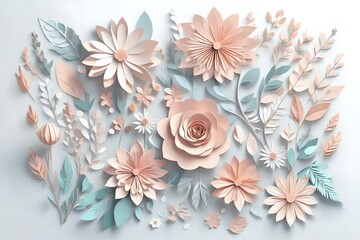 3d render, abstract cut paper flowers isolated on white, botanical background, festive floral arrangement. Rose, daisy, dahlia, butterfly and leaves in pastel color palette. Simple modern wall decor 