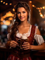 A beautiful, smiling young girl - waiter with a glass of beer in her hands, dressed in national clothes at the Oktoberfest festival.