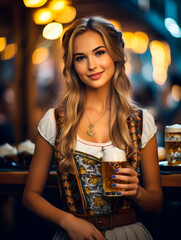 A beautiful, smiling young girl - waiter with a glass of beer in her hands, dressed in national clothes at the Oktoberfest festival.