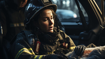 Portrait of wounded firefighter woman in car.