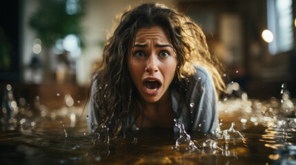 Portrait of a shocked young woman in flooded house.
