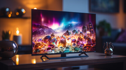 LEDmonitor on the table at home in the living room with diamonds on screen.