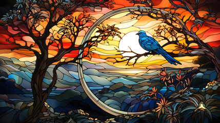 Stylized Sky and Blue Bird on Branches Stained-Glass Art: Vibrant Fantasy Landscape with Mountain Silhouettes in Orange and Amber