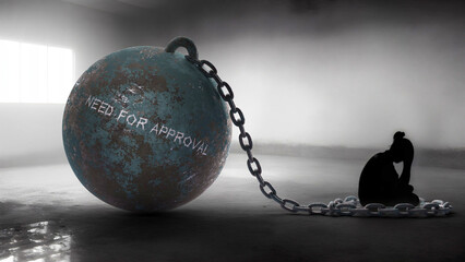 Need for approval - a metaphorical view of a woman struggle with need for approval. Trapped alone and chained to a burden of Need for approval. Constant and strenuous fight.,3d illustration - obrazy, fototapety, plakaty