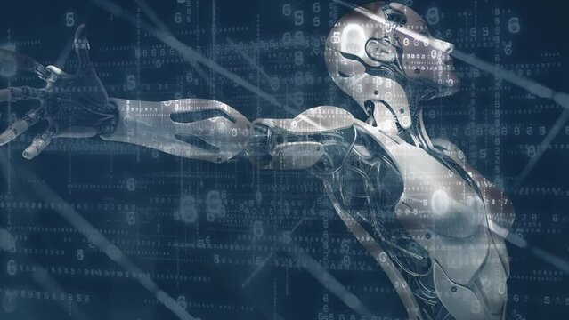 AI Mind Reaches Out. 
Female robot reaching out her arm in a 3d matrix of changing numbers. Loops. 