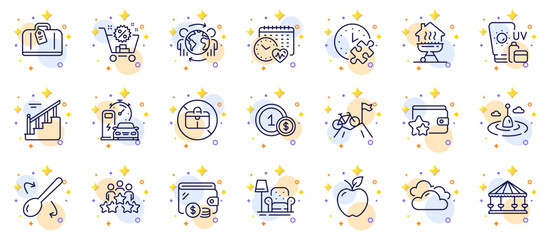 Outline set of Stairs, Charging station and Cooking spoon line icons for web app. Include Fishing float, Cloudy weather, Mountain bike pictogram icons. Apple, Sunscreen, Loyalty program signs. Vector