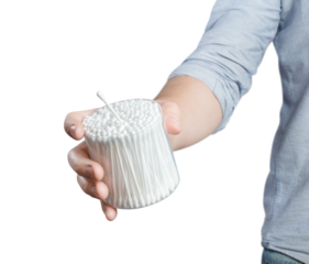 Hand holding a container of cotton swabs, cut out