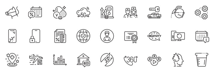 Icons pack as Doctor, Smartphone broken and Recovery computer line icons for app include Global insurance, Certificate, 5g cloud outline thin icon web set. 360 degree, Video conference. Vector