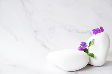 White stones and purple flower on marble background. Natural white rock product display. Podium, stage pedestal or platform to show your environmentally friendly product, sustainability concept.