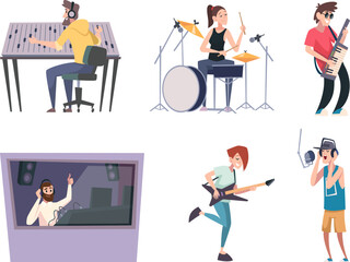 Music studio. Sound production singers at workplace exact vector cartoon characters