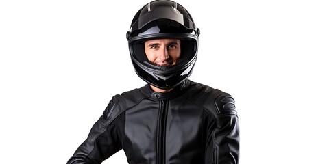Handsome motorcyclist posing in a black helmet.