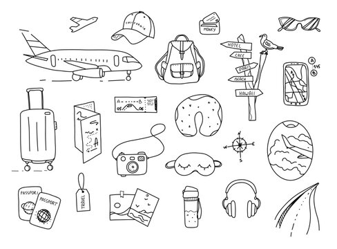 Line art set with travel doodle on white background. Travel background. Vector collection. White background