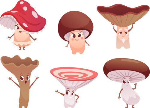 Mushroom characters. Funny vegetables characters exact vector mushroom plants in cartoon style