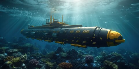 Titanium submarine sails in the depths of the blue sea.