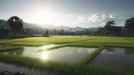 Rice field in the rays of the evening sun, the cultivation of natural products. AI generated.