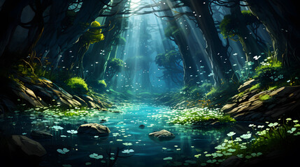 Luminous Enchantment: Fairy Forest with Stream and Flowers, Anime-Inspired Painting in Dark Cyan and Light Aquamarine, Radiant Shadows and Translucent Waters Highlighted by God Rays