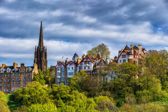 Edinburgh Skyline With Ramsay Garden Houses In Scotland