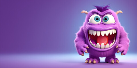 Funny monster cartoon caracter isolated on purple background  - obrazy, fototapety, plakaty
