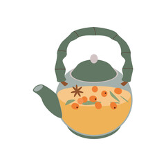 Sea buckthorn tea in a teapot. Hello autumn. Autumn season element, icon.