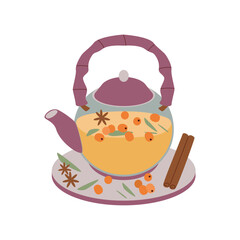 Sea buckthorn tea in a teapot. Hello autumn. Autumn season element, icon.