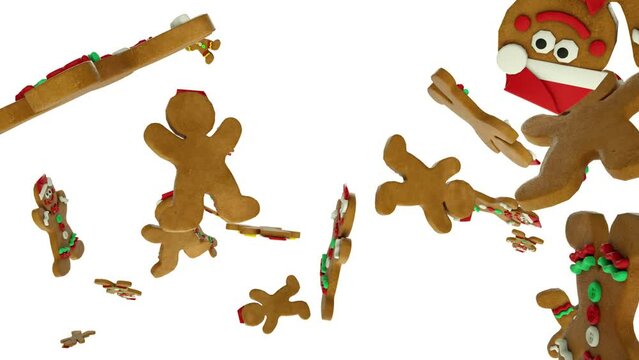 Christmas gingerbread cookies flying in slow motion, against white