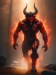 illustration of an ultra realistic devil in dramatic light fog