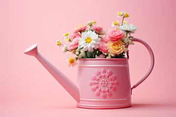 pink flowers  in watering can  on the pastel background 