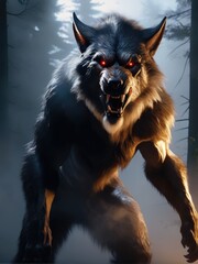  illustration of an ultra realistic werewolf in dramatic light fog