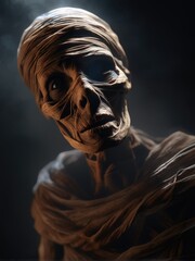 Fototapeta na wymiar illustration of an ultra realistic Mummy in dramatic light fog