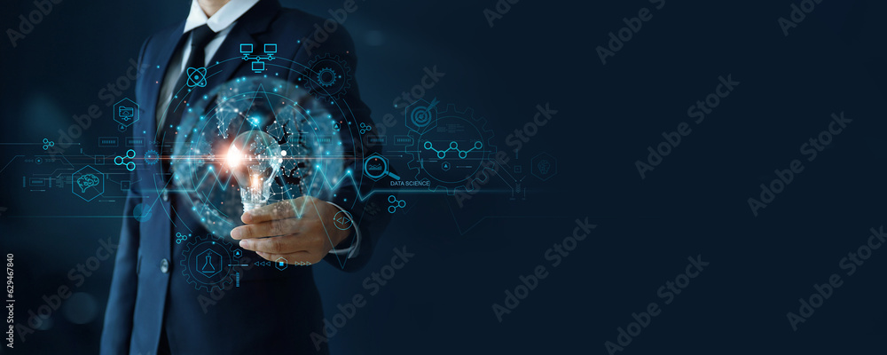 Fototapete Data science. Man hold light bulb of innovative. business analytics (BA) and development at various information. Algorithm and deep learning of artificial intelligence. Business technology.