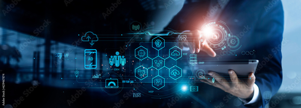 Fototapete Digital online marketing, Businessman using tablet and analysis sale data graph growth on interface. Marketing technology, AI. Contents development strategy and solution on global network.