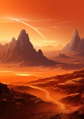 Naklejka premium Orange desert surrounded by large mountains, mountains wallpaper. Generative Ai.