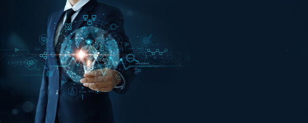Data science. Man hold light bulb of innovative. business analytics (BA) and development at various information. Algorithm and deep learning of artificial intelligence. Business technology.