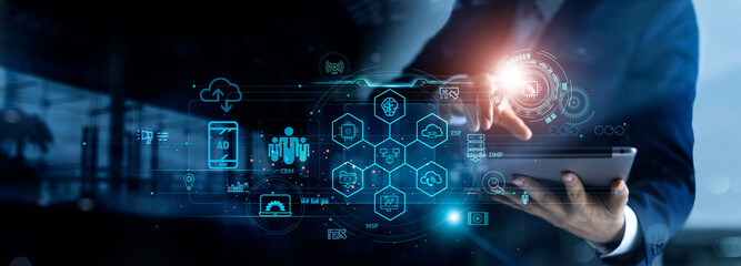 Digital online marketing, Businessman using tablet and analysis sale data graph growth on interface. Marketing technology, AI. Contents development strategy and solution on global network.