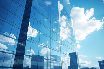 Fototapeta na wymiar Modern Glass Building with Clear Blue Sky and Fluffy Clouds, Futuristic Architecture, Copy Space, Generative AI