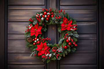 Fototapeta na wymiar Red Christmas wreath on the door