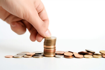 Business, investment or education saving concept - Hand putting coins to add to the fund isolated on white