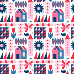 Seamless pattern with various geometric trendy shapes. Vector illustration, geometry graphics and abstract background. Pink and blue colors.
